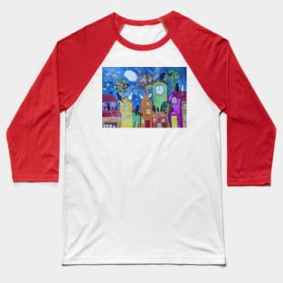 Black and White Cats on Colourful Roofs Moon Gazing Baseball T-Shirt